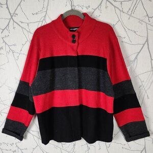 Karl Lagerfeld Red Colorblock Stripe 50% Boiled Wool Snap Closure Cardigan